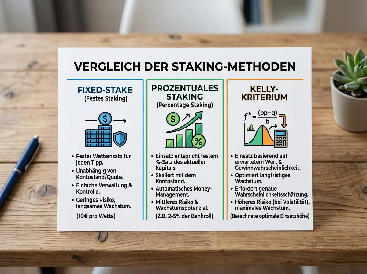 Vergleich von Fixed-Stake Kelly-Kriterium und variablem Staking als Bankroll-Strategien im Sportwetten-Kontext