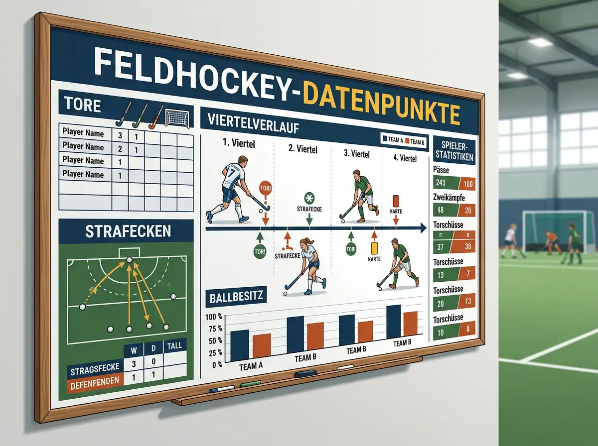 Feldhockey-Datenpunkte wie Tore, Strafecken und Viertelverlauf auf einem Analyseboard