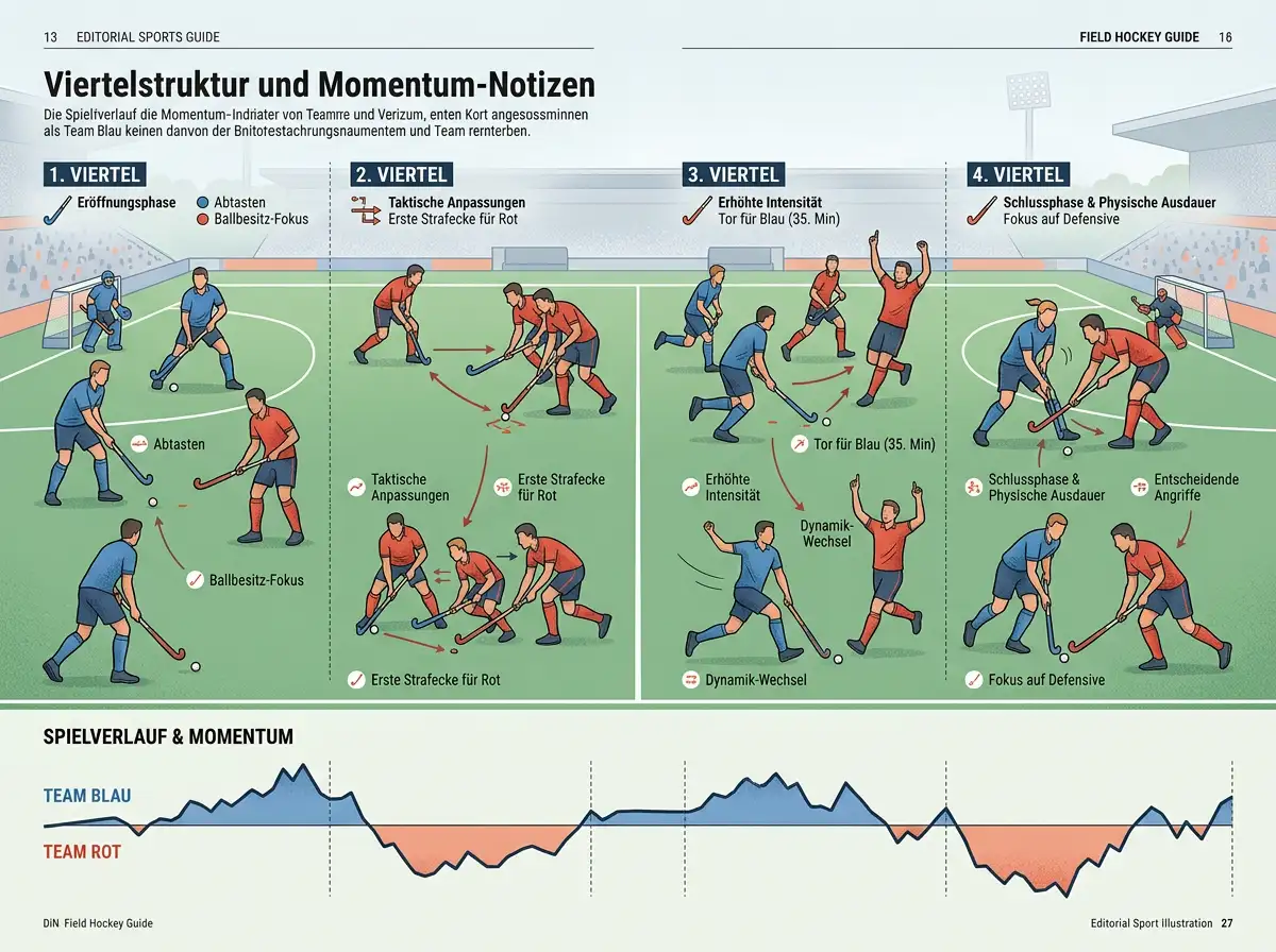 Livebeobachtung eines Feldhockey-Spiels mit Viertelstruktur und Momentum-Notizen