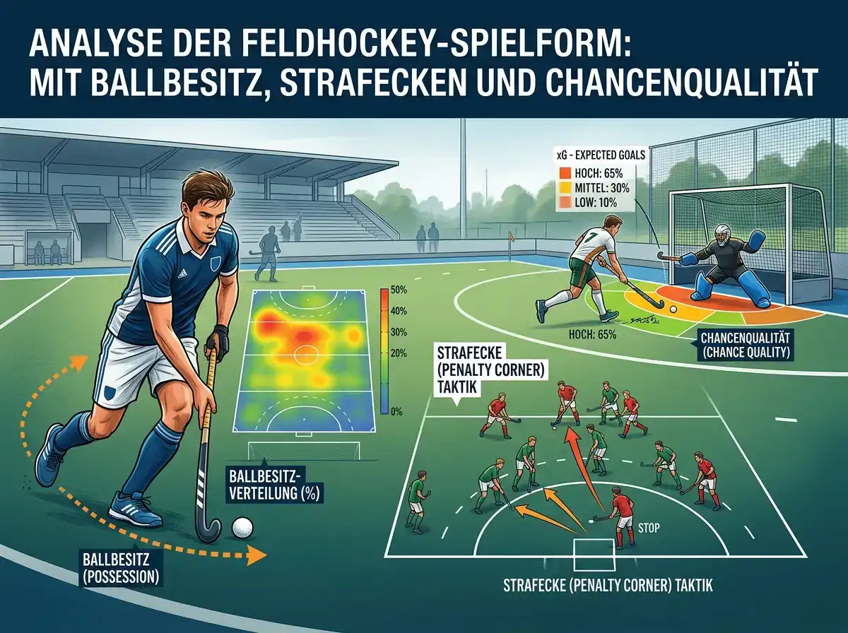 Analyse der Feldhockey-Spielform mit Ballbesitz, Strafecken und Chancenqualität