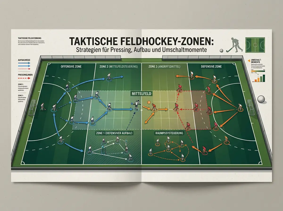 Taktische Feldhockey-Zonen mit Pressinglinien, Aufbauwegen und Umschaltmomenten