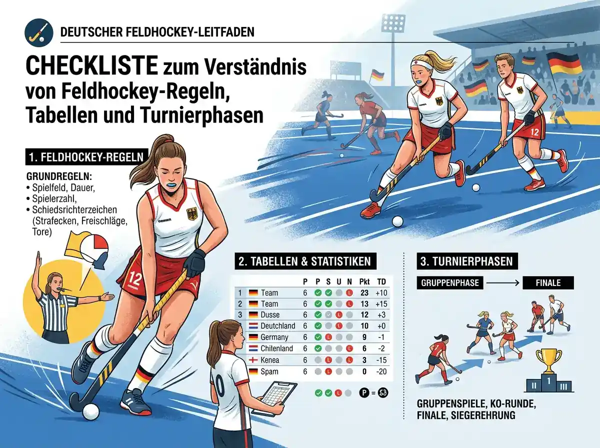 Checkliste zum Verständnis von Feldhockey-Regeln, Tabellen und Turnierphasen