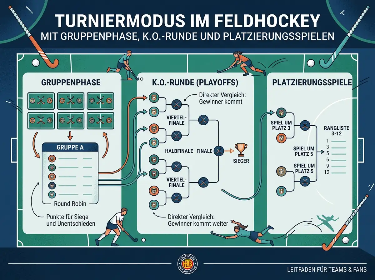 Turniermodus im Feldhockey mit Gruppenphase, K.o.-Runde und Platzierungsspielen