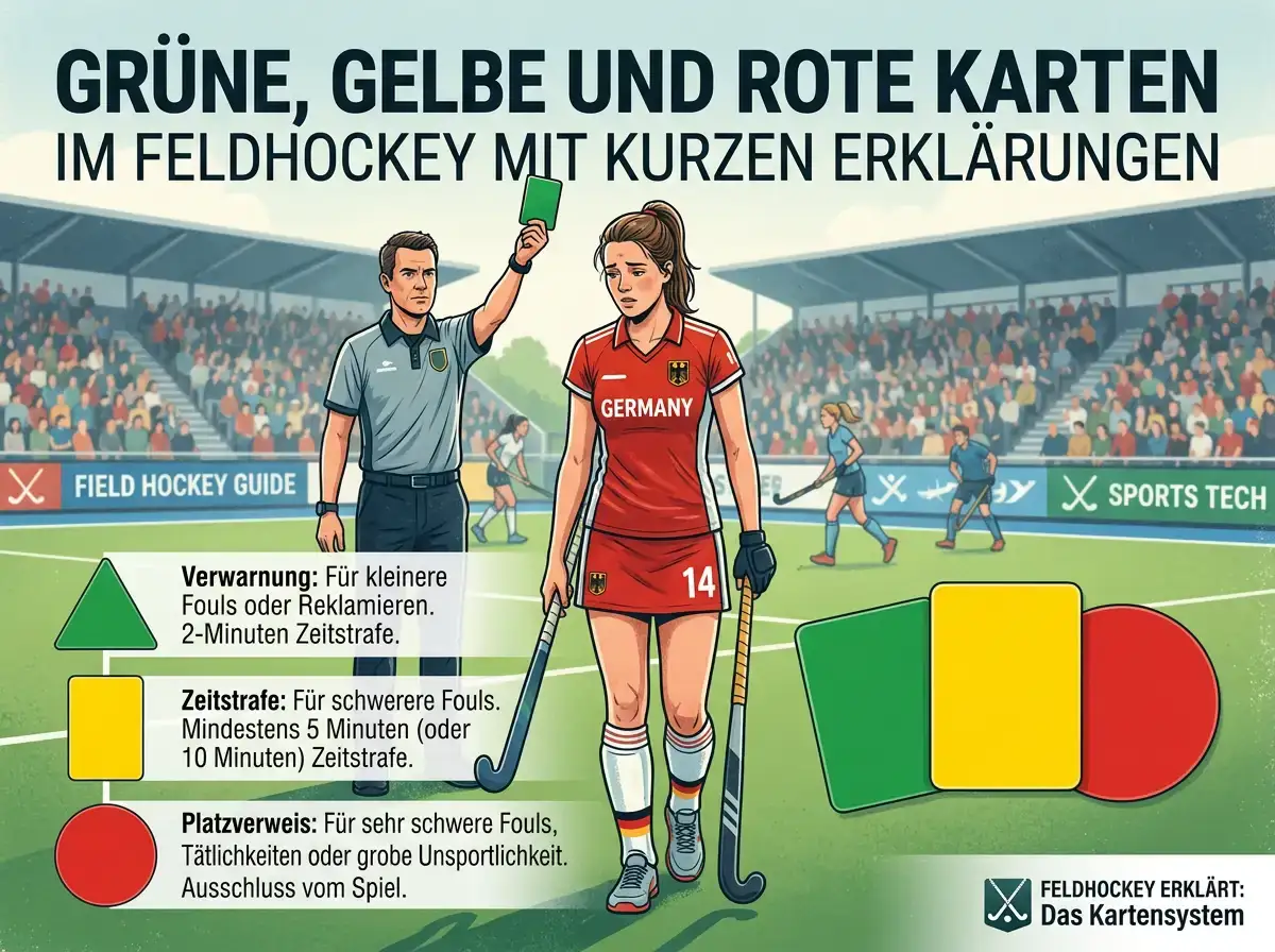 Grüne, gelbe und rote Karten im Feldhockey mit kurzen Erklärungen