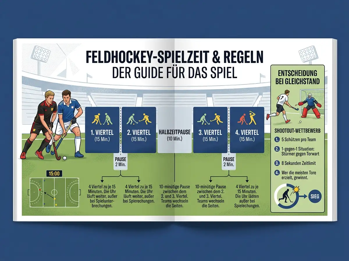 Feldhockey-Spielzeit mit vier Vierteln, Pausen und möglichem Shootout dargestellt