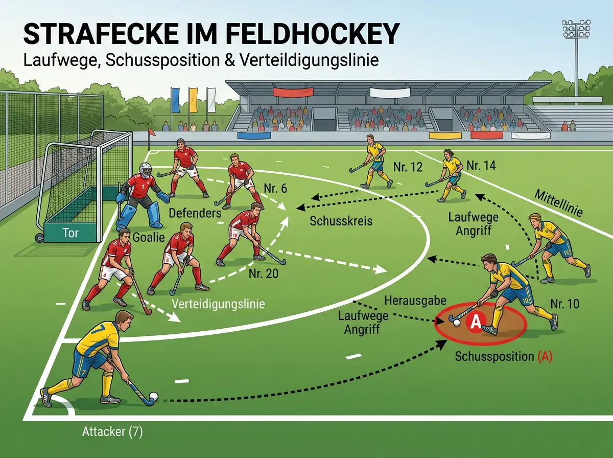 Strafecke im Feldhockey mit Laufwegen, Schussposition und Verteidigungslinie