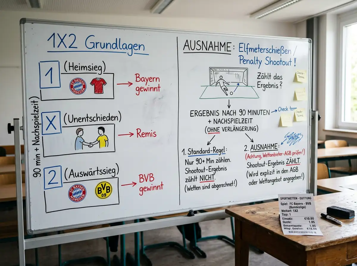 Erklärung der 1X2-Wette beim Feldhockey mit Shootout-Abrechnungsregel und Einsatzbeispiel