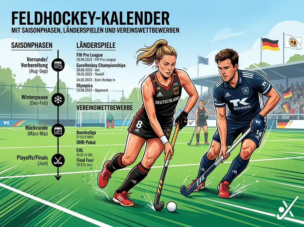 Feldhockey-Kalender mit Saisonphasen, Länderspielen und Vereinswettbewerben